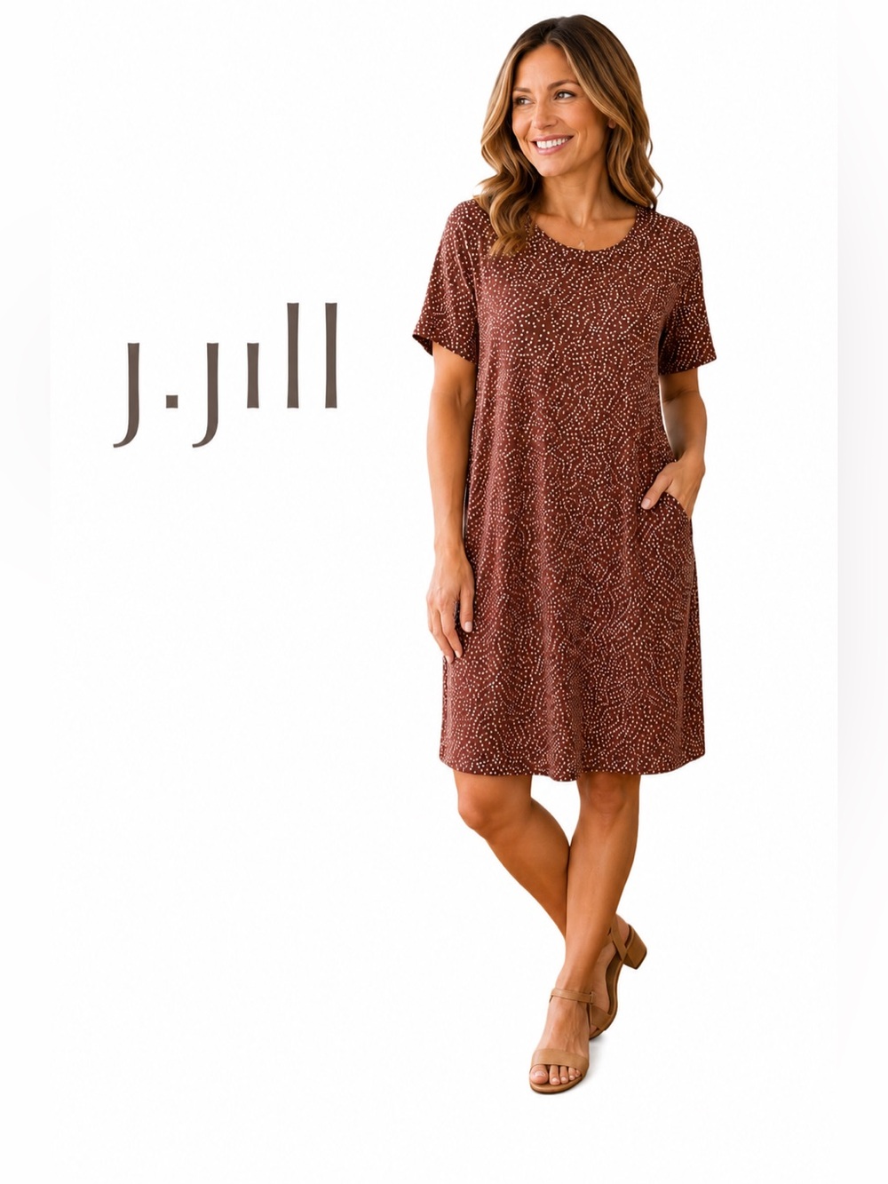 J. Jill Wearever Collection Large Brown Dot Knit Shift Dress Short Sleeve